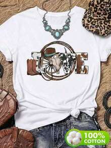 1 Piece Of Women's Casual Denim T-Shirt, Oversized Style, With LOVE Word Print And Western Elements, Soft Fabric, Loose Fit, Round Neck, Short Sleeves, Ideal For Outdoor Parties In Spring/Summer, Vintage Style. - 白色 - 查看 7