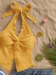 Camiseta sin tirantes sexy y con estilo, con nudo, bajo con abertura y espalda abierta - Mostaza Amarilla - Ver 3