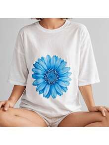Great Offer: Women's Casual Round Neck T-Shirt With Blue Daisy Print, Slightly Stretchy, Regular Fit And Short Sleeves For Everyday Wear. - 白色 - 查看 1