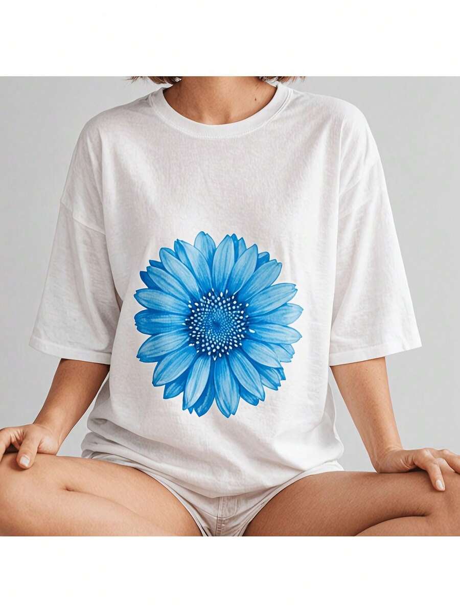 Great Offer: Women's Casual Round Neck T-Shirt With Blue Daisy Print, Slightly Stretchy, Regular Fit And Short Sleeves For Everyday Wear. - 白色 - 查看 1