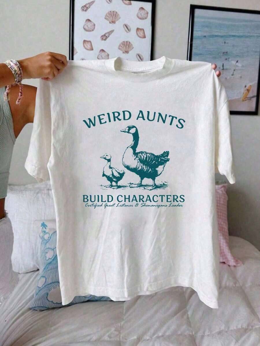 1 pieza Camiseta con estampado gráfico de "Silly Goose Weird Aunt", manga corta, cuello redondo, top casual para verano y primavera, ropa de mujer, 180g Algodón 100%. - Blanco - Ver 1