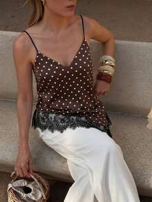 Camiseta elegante y sexy de mujer con estampado de leopardo y encaje en contraste, camiseta de estampado de leopardo elegante, top de fiesta, atuendos de playa y vacaciones para mujeres, top para salir - Marrón - Ver 5