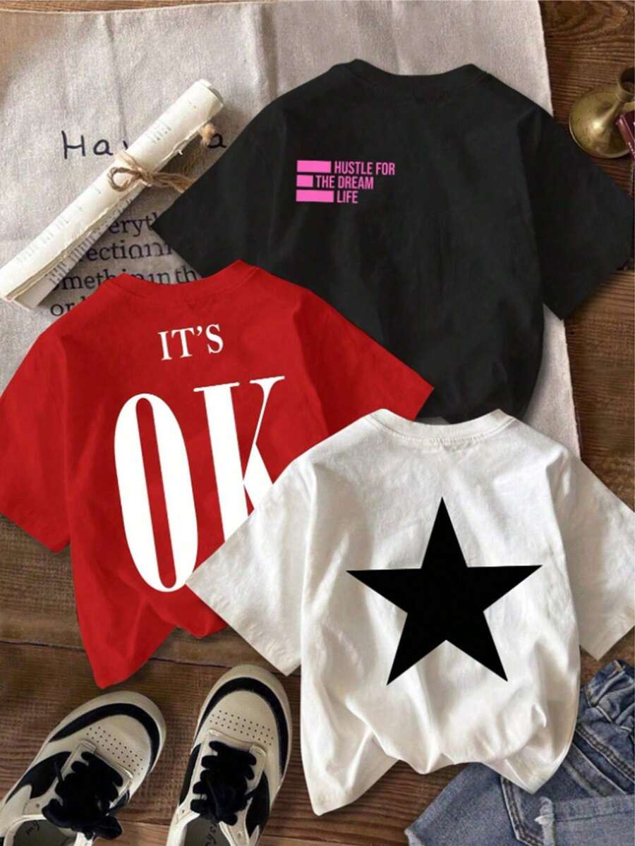 Camisetas de mujer, camisetas de mujer, conjunto de 1 pieza para mujer, camiseta con estampado OK Star - cuello redondo casual, manga corta, poliéster lavable a máquina - la elección de moda perfecta para primavera y verano. - 1 patrón aleatorio blanco - Ver 1