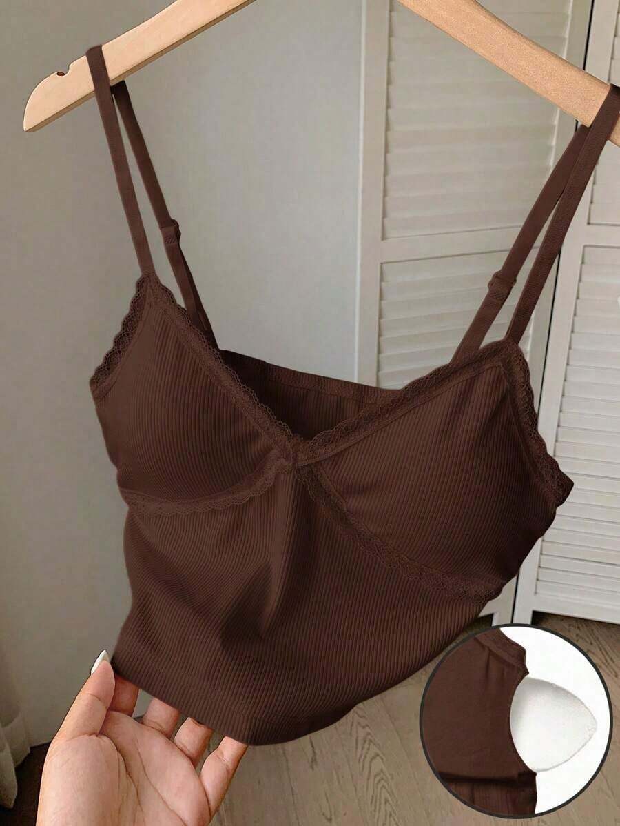 Camisilla sin mangas casual de verano para mujer con parches de encaje en unicolor - Café integral - Ver 1