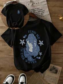 | Exquisite Design | Loose And Comfortable | Easy To Match | Women's Plus Size Vintage T-Shirt With Mermaid, Wave, And Starfish Print. Women's Pure Cotton Summer Crew Neck T-Shirt. Casual Short-Sleeve Top. Unique Design For Everyday Wear. Loose Fit. Breathable And Soft. Perfect Vacation Outfit. The Perfect Gift For Her. - 黑色 - 查看 8