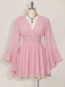 Vestido corto elegante de manga larga con cuello en V y cintura ceñida de unicolor para mujer - Rosa - Ver 5