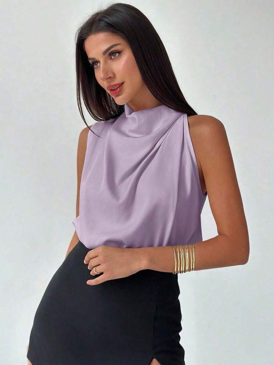 Blusa asimétrica plisada de color albaricoque, elegante y de moda para uso diario, oficina, vacaciones y festivales de música, primavera/verano - Morado Violeta - Ver 1
