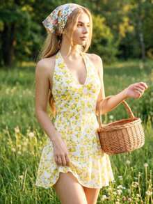 Vestido mini halter con cintura ajustada y estampado de mariposas - Amarillo - Ver 6