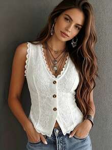Vintage Western Style White Lace V-Neck Top, Summer Front Button Sleeveless Top, Elegant For Vacation/Party Casual, Boho Chic - White - View 5