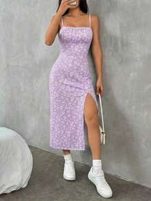 Nuevo vestido de punto con estampado de primavera/verano, tirantes de espagueti y abertura lateral para mujer.Vestido de verano sexy para vacaciones, vestido lavanda, conjunto de dos piezas lavanda, vestido floral lavanda, vestido floral mor - Lila Púrpura - Ver 4