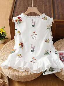 Nueva llegada de primavera/verano Blusa sin mangas con volantes de estampado floral francés dulce y único, elegante top de tirantes - Multicolor - Ver 2