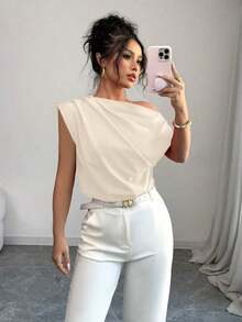 Blusa de unicolor con cuello asimétrico y plisado a la moda para mujeres - Albaricoque - Ver 6