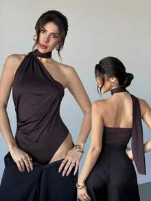 Body asimétrico con cuello de volantes en color marrón moca para mujer, body de moda para primavera, verano, otoño e invierno, adecuado para ir al trabajo, elegante, sexy, vacaciones, playa, estilo bohemio, Hawái, festivales de música, fiestas, tr - Café integral - Ver 1