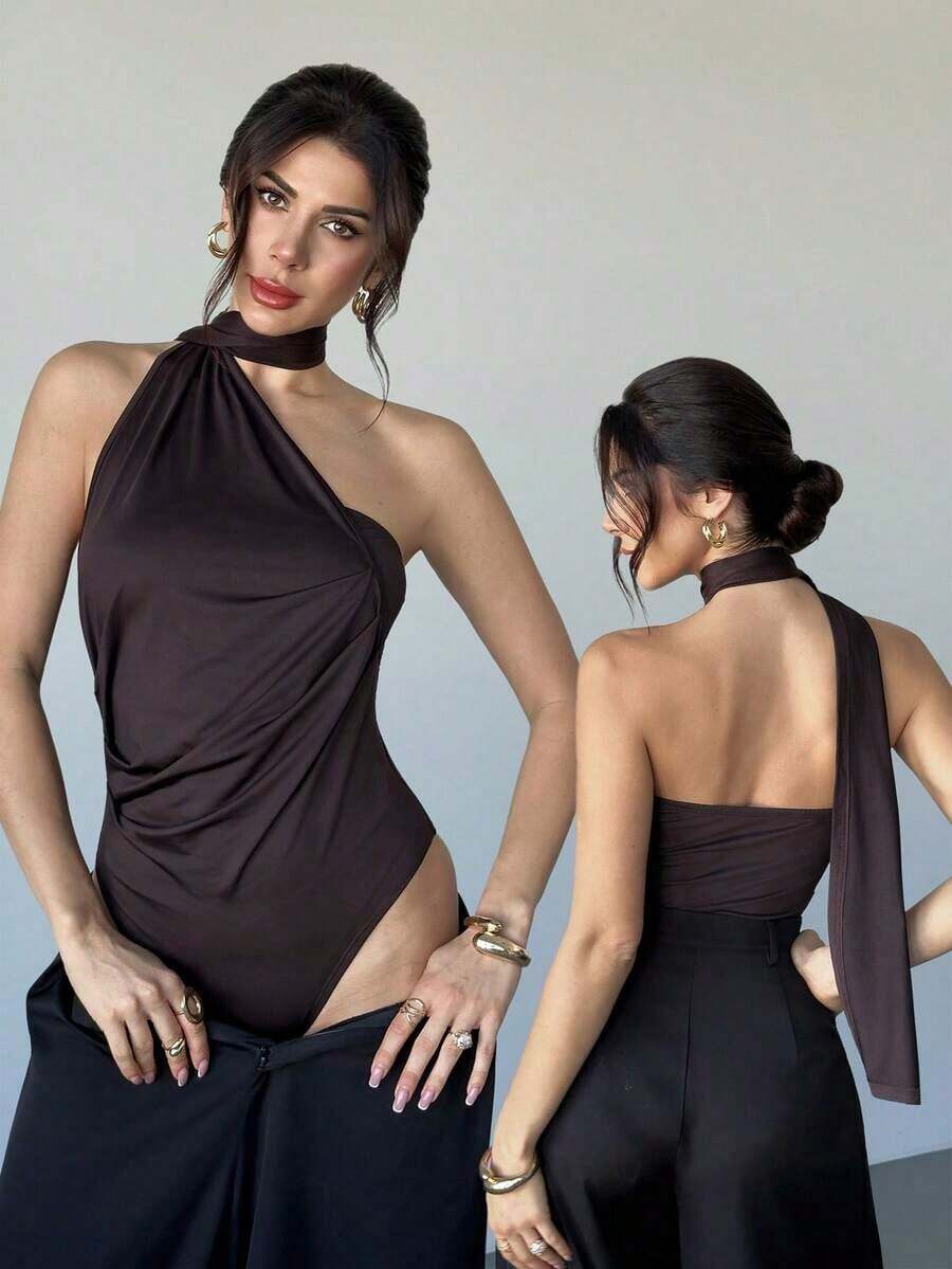 Body asimétrico con cuello de volantes en color marrón moca para mujer, body de moda para primavera, verano, otoño e invierno, adecuado para ir al trabajo, elegante, sexy, vacaciones, playa, estilo bohemio, Hawái, festivales de música, fiestas, tr - Café integral - Ver 1