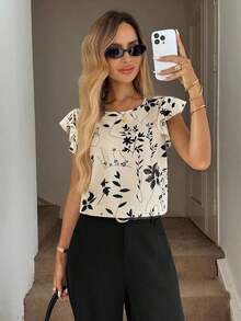 Blusa de cuello redondo con volantes y estampado de sombras florales primaverales para mujeres - Caqui - Ver 5