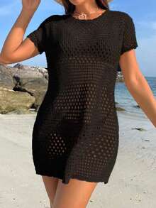 Conjunto de ropa de verano para mujer - Cubierta de playa de unicolor con cortes huecos, estilo de vacaciones de verano - Negro - Ver 6
