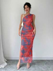 Vestido de noche de lujo para mujer, vestido sexy sin mangas con cuello asimétrico y estampado de teñido anudado - Rosa vieja - Ver 7