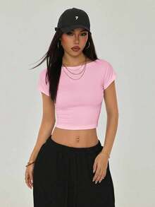Camiseta negra con espalda abierta, adecuada para talla pequeña, para verano - Rosa Pálido - Ver 2