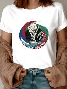 Symbol Of Global Unity With A Football Trophy Surrounded By Vibrant Colors Representing The Union Between Countries And The Worldwide Passion For The Sport. Modern Casual Women's T-Shirt For Football Fans 2026 - 白色 - 查看 1