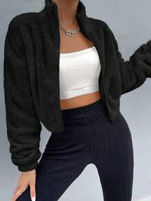 Drop Shoulder Zip Up Teddy Jacket Fall Winter Cloth For Women - Negro - Ver 6