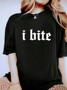 Minimalist T-Shirt With Gothic Phrase In Blackletter "I Bite" - 100% Cotton, Casual Short Sleeve Crew Neck T-Shirt For Women, Ideal For Spring And Summer - 黑色 - 查看 1