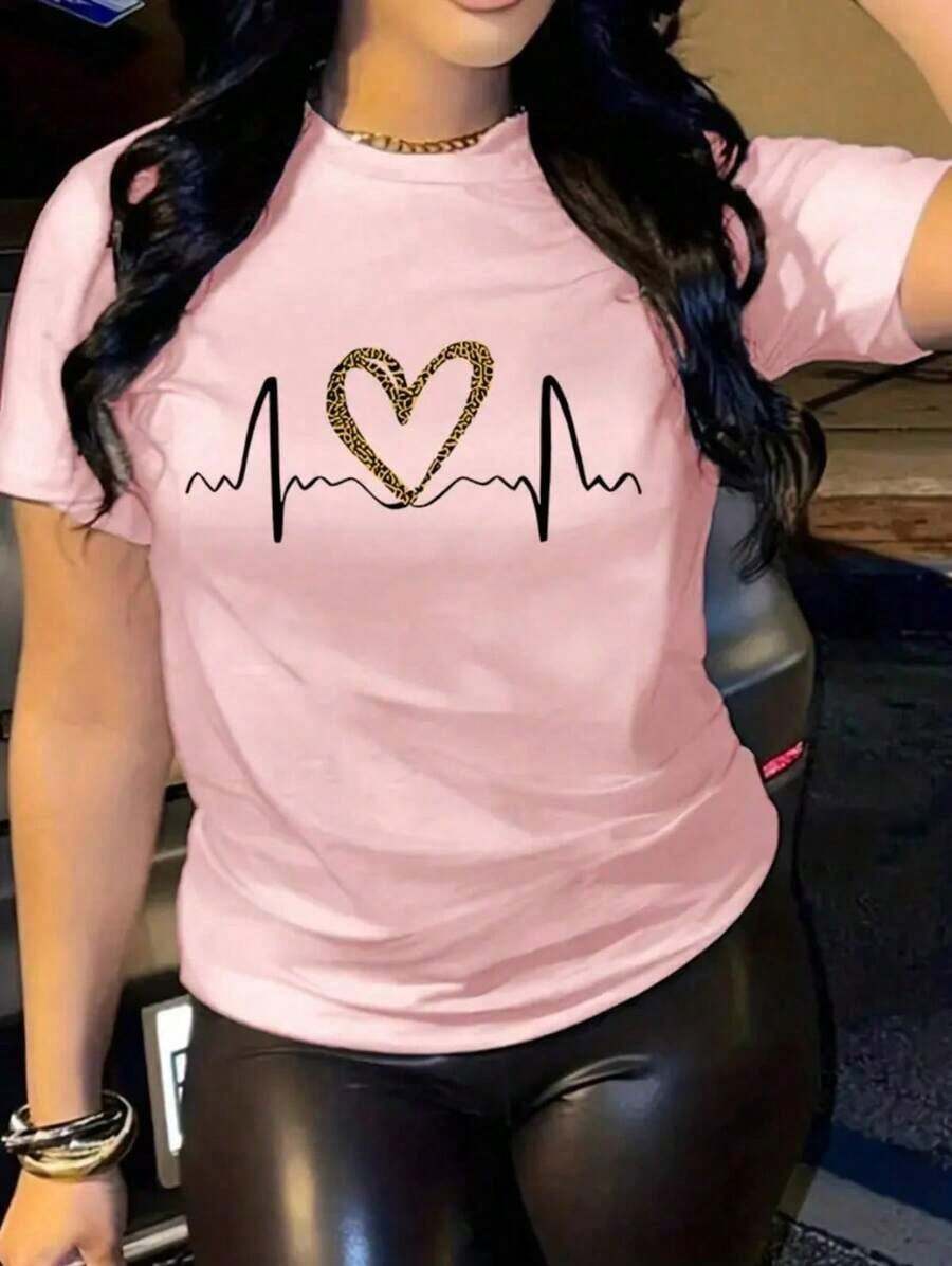 Short-Sleeved T-Shirt With Heart Print - 羅莎 - 查看 1
