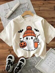 Halloween, Day Of The Dead Women's Plus Size Graphic T-Shirt - Pumpkin And Bat Print, Loose Fit With Short Sleeves And Crew Neck, Breathable Sweat-Wicking Fabric, Unisex Gift For Spring, Summer And Year-Round Wear - 白色的 - 查看 8