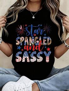 1 Piece Women's Crew Neck T-Shirt With Starry And Bold Print, Short Sleeve, 4th Of July Independence Day Celebration, Casual Patriotic Style, 180g 100% Cotton - 黑色 - 查看 1