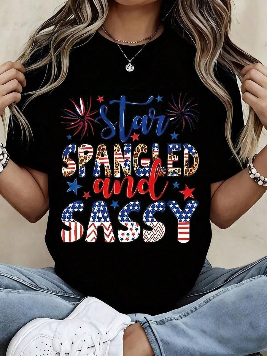 1 Piece Women's Crew Neck T-Shirt With Starry And Bold Print, Short Sleeve, 4th Of July Independence Day Celebration, Casual Patriotic Style, 180g 100% Cotton - 黑色 - 查看 1