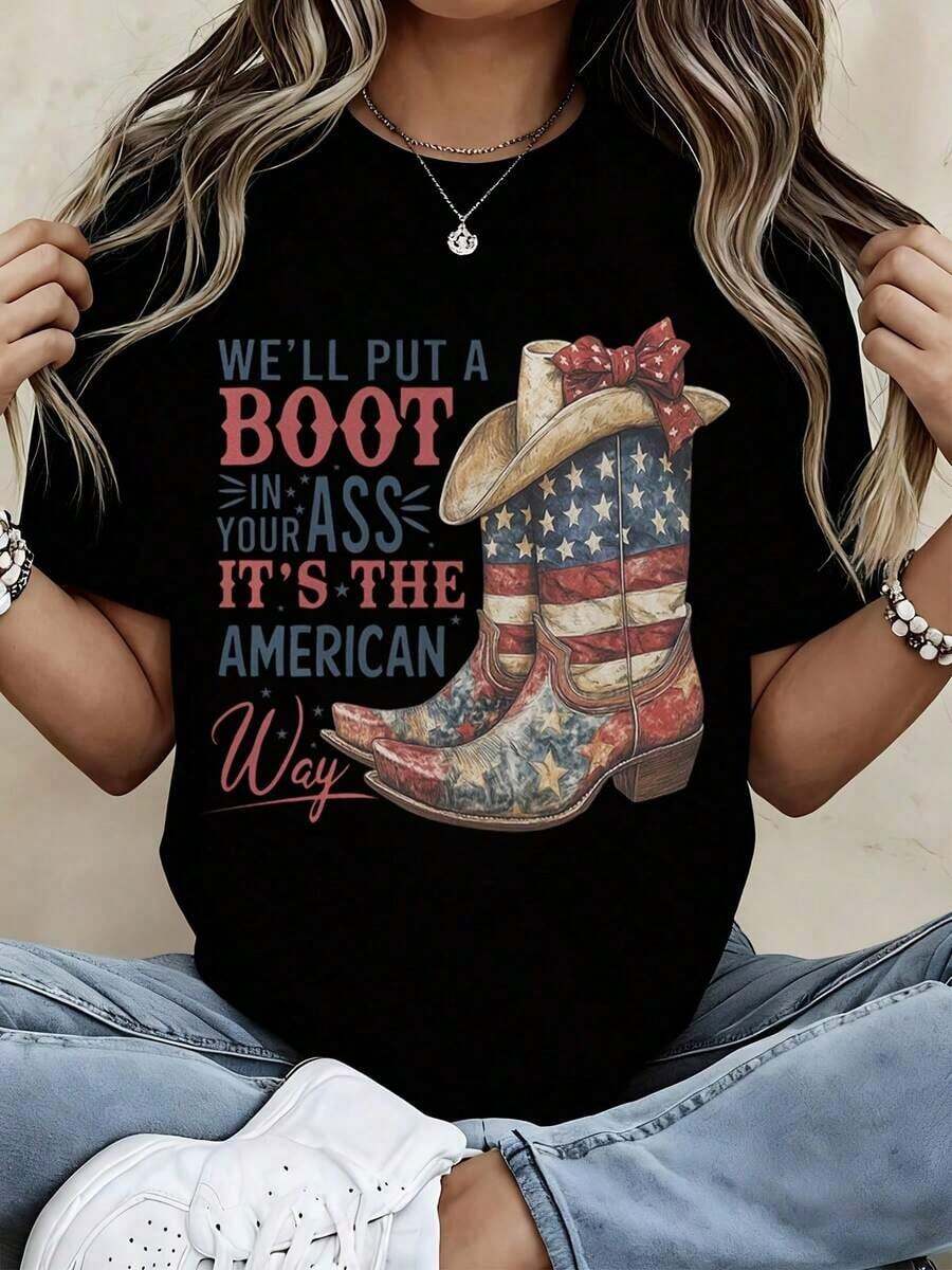 1 Piece Of Women's Round Neck T-Shirt With Cowboy Boot Print And American Flag And Text, Short Sleeve, Casual Summer Style For Patriotic Events And Outdoor Activities, 180g, 100% Cotton. - 黑色 - 查看 1