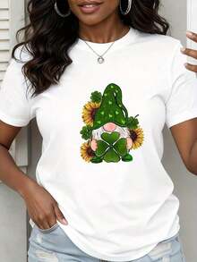 1 Piece Of St. Patrick's Day Gnome T-Shirt With Shamrock And Sunflower Design For Women, Casual White T-Shirt, 180g, 100% Cotton. - 白色 - 查看 1