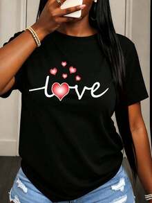 1 Piece Women's T-Shirt With Heart Print And Love Text, Casual And Modern Style, Round Neck, Soft And Comfortable, Perfect For Daily Wear, Parties And As A Gift. 180g 100% Cotton. - 黑色 - 查看 10