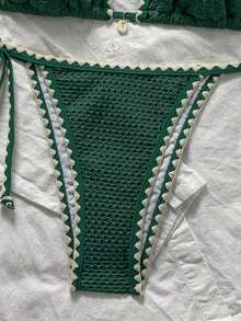 Conjunto de bikini de 2 piezas para mujer de verano con tela jacquard de unicolor, volantes en el borde y tirantes ajustables - Verde - Ver 5