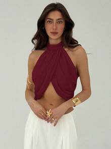 Blusa elegante y sexy para mujer con cuello cruzado, fruncido en la espalda y botones, de estilo casual y de vacaciones, de gasa - Burdeos - Ver 3