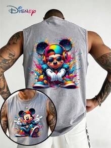 Official Disney Licensed Mickey Mouse Graffiti Splash Paint Hip Hop Headphone Sneaker Graphic Washed Cotton Sleeveless Tank Top For Men Vintage Distressed Crew Neck Vest Retro Urban Streetwear Colorful Pop Art Print Loose Fit Summer Casual Daily Wear Music Party Outfit Classic Disney Character Mens Nostalgic Sleeveless Tee - Grey - View 1