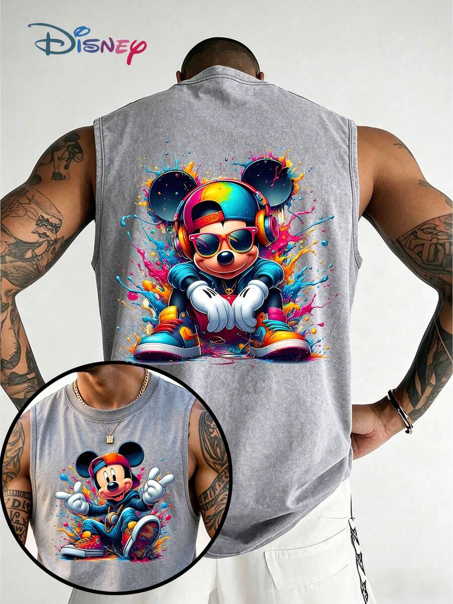 Official Disney Licensed Mickey Mouse Graffiti Splash Paint Hip Hop Headphone Sneaker Graphic Washed Cotton Sleeveless Tank Top For Men Vintage Distressed Crew Neck Vest Retro Urban Streetwear Colorful Pop Art Print Loose Fit Summer Casual Daily Wear Music Party Outfit Classic Disney Character Mens Nostalgic Sleeveless Tee - Grey - View 1