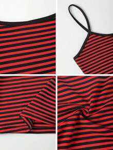 Top de lencería de moda para mujer  y camiseta sin mangas de rayas de primavera/verano con cuello redondo y ajuste casual, adecuada para vacaciones en la playa y uso casual diario - Rayas negras y rojas - Ver 11
