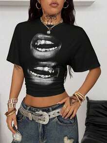 Camiseta corta de mujer con hombros caídos y rayas - Multicolor 6 - Ver 6