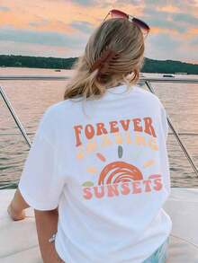 PermeabilityEMERY ROSE Women's Plus Size Short Sleeve T-Shirt With "FOREVER CHASING SUNSETS" Slogan Pattern Print, Suitable For Summerspacious - White - View 2