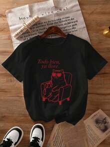 1 pieza de camiseta de manga corta de moda casual para hombres y mujeres, con cuello redondo y estampado de gato "Todo está bien, lloremos" para mujeres de talla grande, adecuada para uso diario casual, para primavera/verano/otoño, versátil, fácil de combinar, para uso diario, estilo urbano, ropa de vacaciones, ropa de fin de semana. - Negro - Ver 5