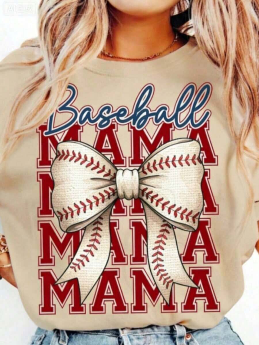 Nueva Llegada 2026: Camiseta Baseball Mama, Camiseta de Béisbol, Camiseta Baseball Coquette Bow, Camiseta para el Día del Partido de Béisbol, Camisetas de Sublimación para Mamá de Béisbol, Camisetas Gráficas para Mujer, Cuello Redondo, Holgadas, Casuales. Nueva Camiseta Elegante, Tela Suave, Transpirable, 100% Algodón, Camiseta para Mujer de Uso Diario con Estampado Gráfico. - Albaricoque - Ver 1