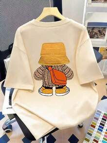 Crew Neck T-Shirt With Bear Print, Plus Size Women's Urban Fashion Item, Suitable For New Year's, Daily Wear, Outings, Beach, Parties, School, Vacation, Travel. Summer Vacation Outfit, Beach Vacation Outfit, Spring Outfit, Mother's Day Gift; Graduation - 杏 - 查看 1