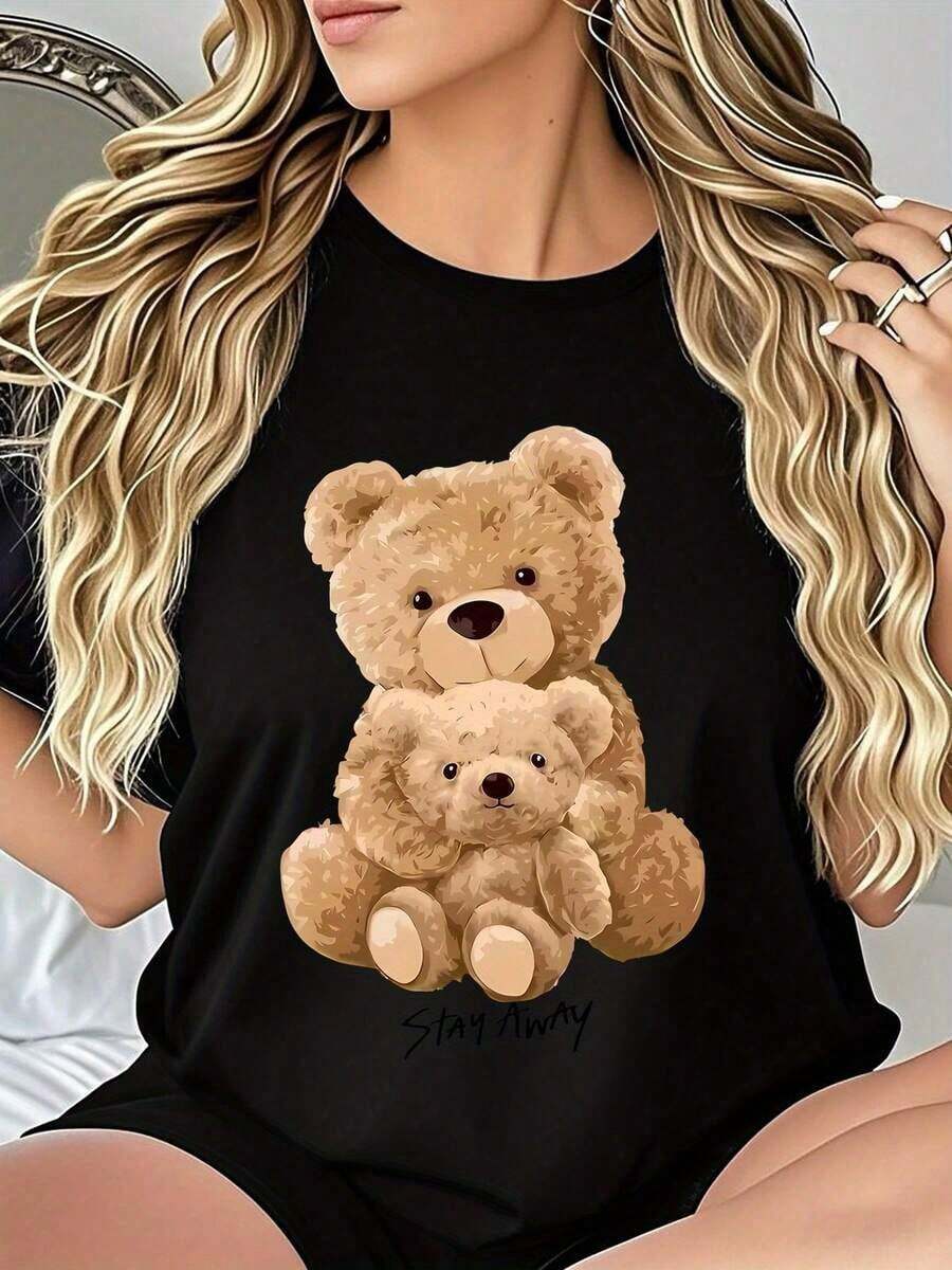 Nueva Camiseta Casual de Verano para Mujer con Estampado de Adorable Oso de Peluche y Gráfico "Stay Awesome" - Tejido Suave y Transpirable, Corte Holgado, Cuello Redondo para Atuendo Casual, Lavable a Máquina, Idea de Regalo Perfecta, Camisetas Lindas, Ropa Cómoda, Diseño Divertido, Material de Elasticidad Media - Camiseta Unisex de Algodón de Manga Corta y Cuello Redondo Estilo Vintage Urbano-Vintage Street Style Unisexoose Cotton Short Sleeve Crew Neck T-Shirt - Negro - Ver 1