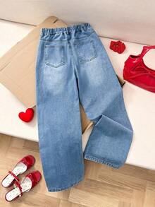 Jeans de pierna ancha para adolescentes, nuevos pantalones rectos con diseño bordado de moño, pantalones vaqueros holgados, pantalones vaqueros holgados para mujer, pantalones vaqueros holgados para niñas, pantalones vaqueros holgados para - Azul 5 - Ver 2