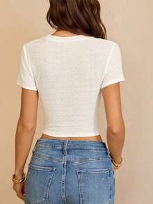de manga corta con pliegues y bajo asimétrico de unicolor casual para mujer, verano - Blanco 3 - Ver 2