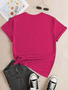 Camiseta holgada de mujer con estampado floral en rosa, casual y de moda, adecuada para el verano - Rosa Fucsia - Ver 2
