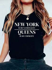 100% Cotton Black Short Sleeve T-Shirt With Casual Print "Queens New York Is My Nationality/Ethnicity, New York City", Graphic Tees For Women. - 黑色 - 查看 6