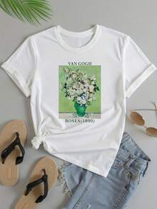 1 Women's T-Shirt With Van Gogh Oil Painting Print, Pink On White Background - Vintage Short Sleeve T-Shirt With Round Neck, Comfortable And Durable Fabric For Spring And Summer, Machine Washable, Van Gogh Art Print, 180g 100% Cotton. - 白色 - 查看 6