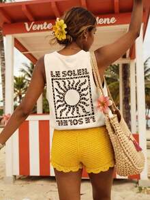 Blusa de ajuste regular casual con estampado, sin mangas para mujer - Albaricoque - Ver 3