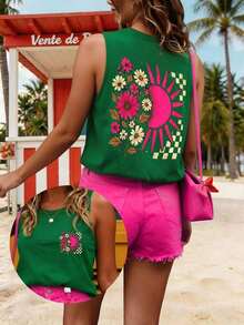 Blusa de ajuste regular casual con estampado, sin mangas para mujer - Verde Oscuro - Ver 4